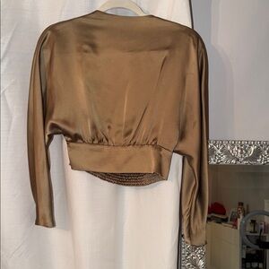 Zara Satin Long-Sleeve Cropped Top - Brown